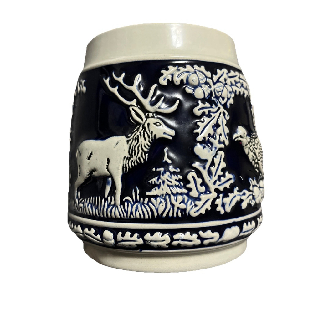 Vintage Marzi & Remy Elk & Turkey, German Beer Stein Dark Blue Relief .5L